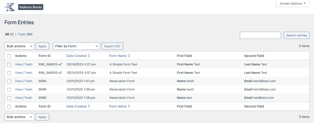 Kadence Forms - Database Form Entries